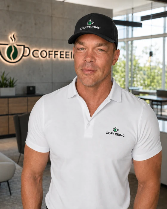 Heath Squier, founder of CoffeeInc.com, wearing a CoffeeInc shirt in the Carlsbad office with the CoffeeInc wall mark visible.