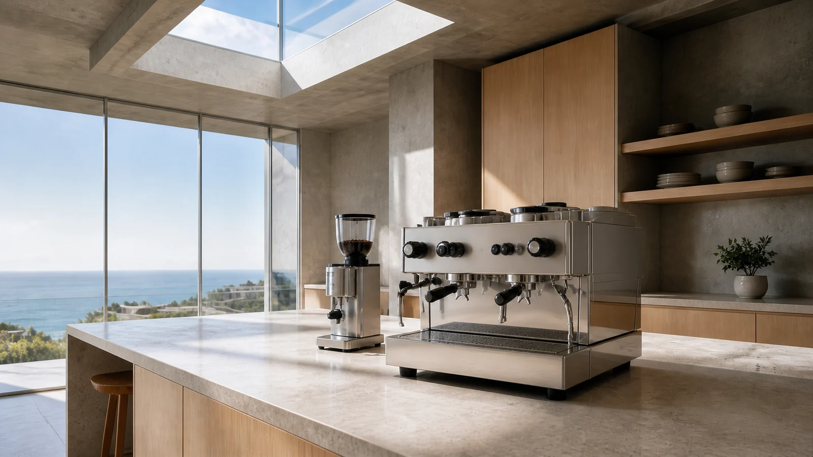 Espresso machine in a light-filled modern kitchen
