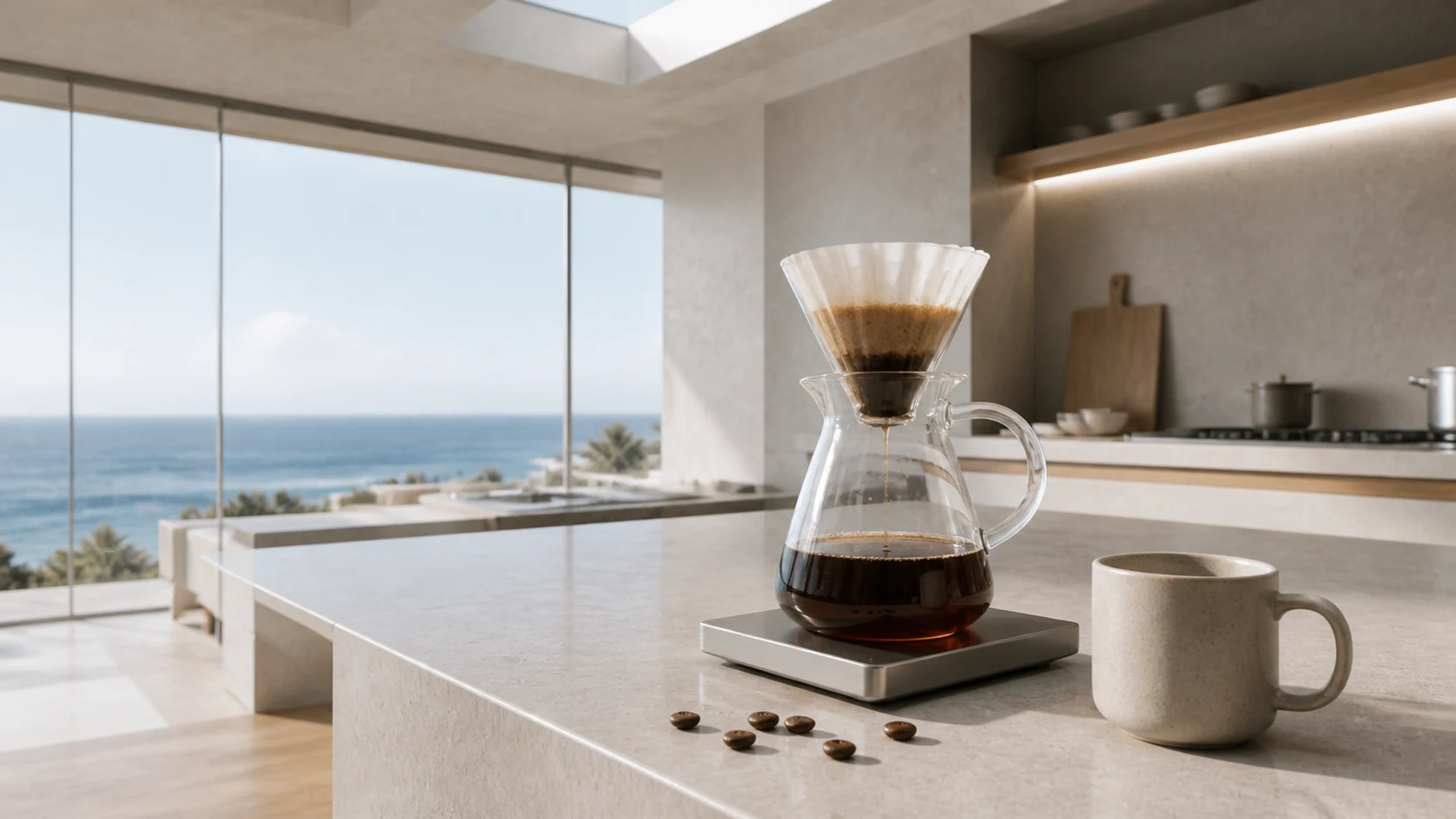 Pour-over coffee in a modern coastal kitchen