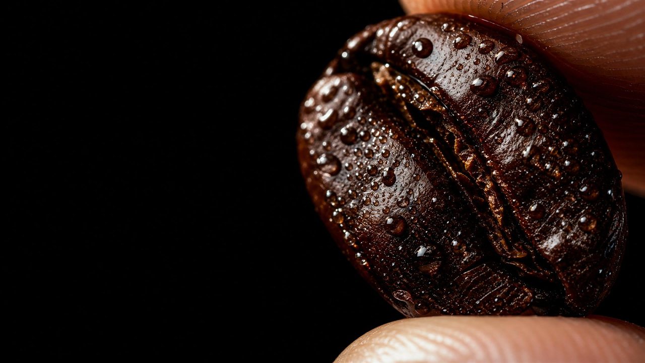 Macro close-up of a glossy, wet coffee bean