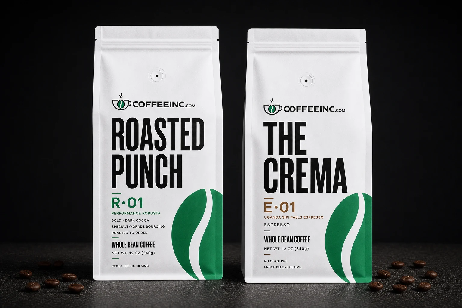 Coffee Inc. First Drop — Roasted Punch (R·01 Performance Robusta) and The Crema (E·01 Uganda Sipi Falls Espresso) 12 oz package concepts, side by side.
