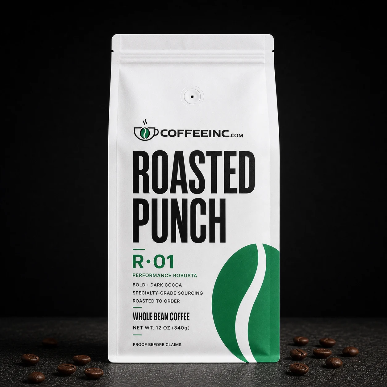Coffee Inc. Roasted Punch R·01 Performance Robusta 12 oz whole bean package concept.