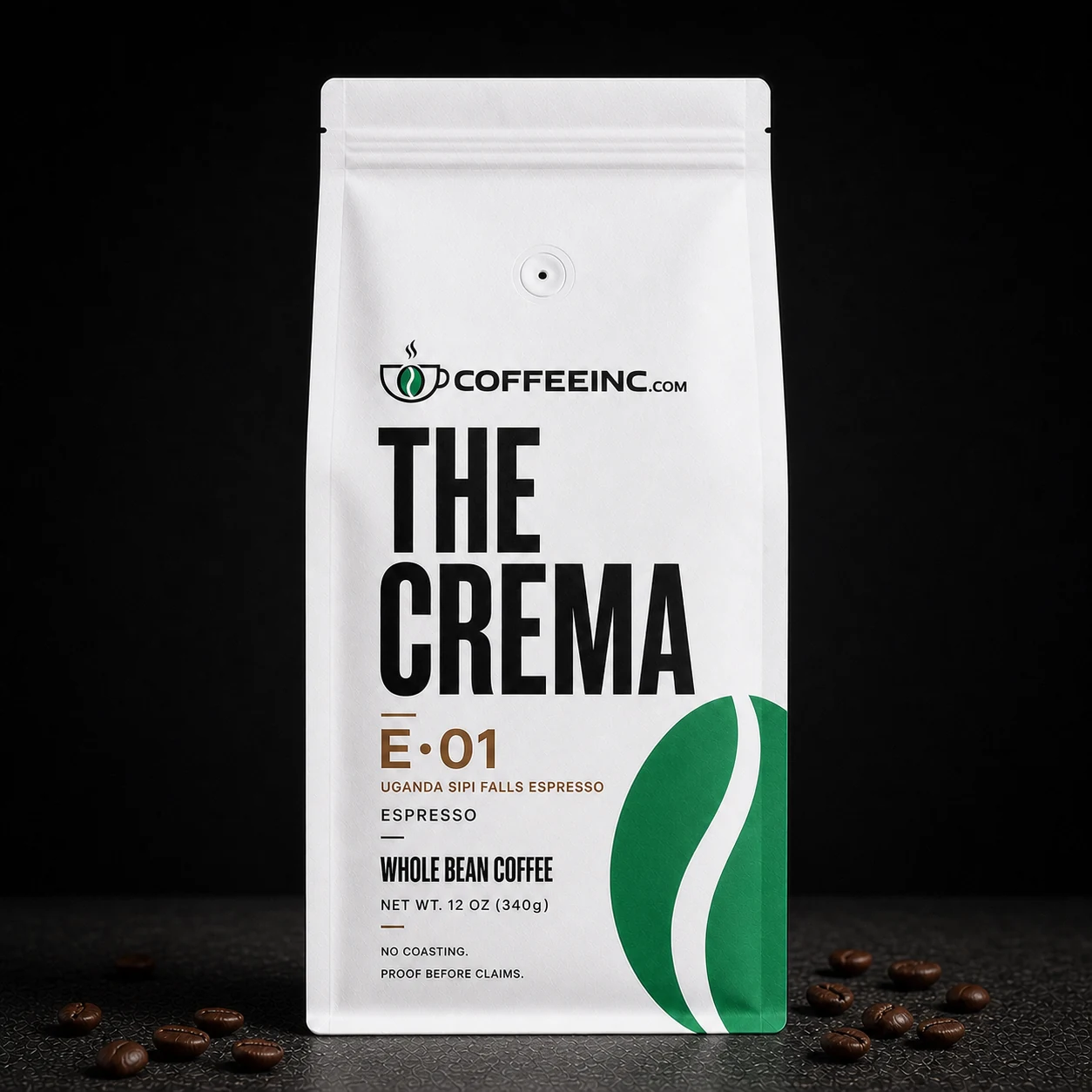 Coffee Inc. The Crema E·01 Uganda Sipi Falls Espresso 12 oz whole bean package concept.