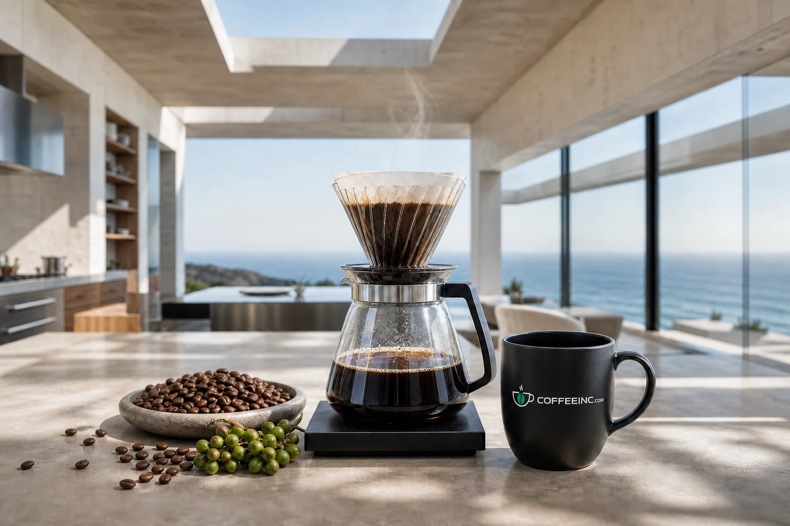 Pour-over coffee, roasted beans, coffee cherries, and a CoffeeInc cup in a sunlit modern kitchen