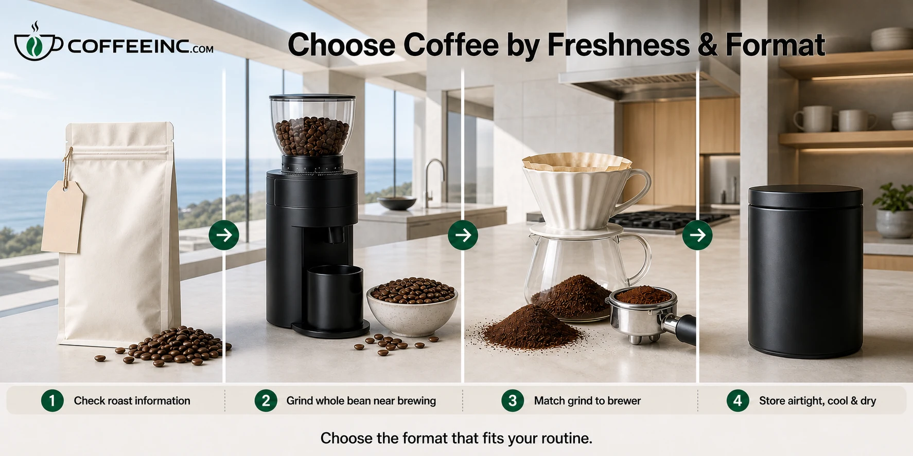 CoffeeInc four-step guide to check roast information, grind whole bean near brewing, match grind to the brewer, and store coffee airtight in a cool dry place