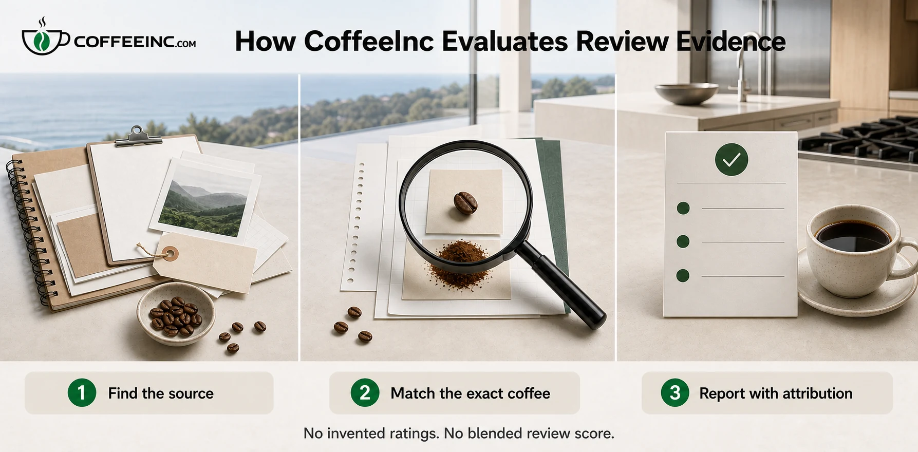 CoffeeInc review methodology: find the source, match the exact coffee, and report with attribution without inventing ratings or blending review scores