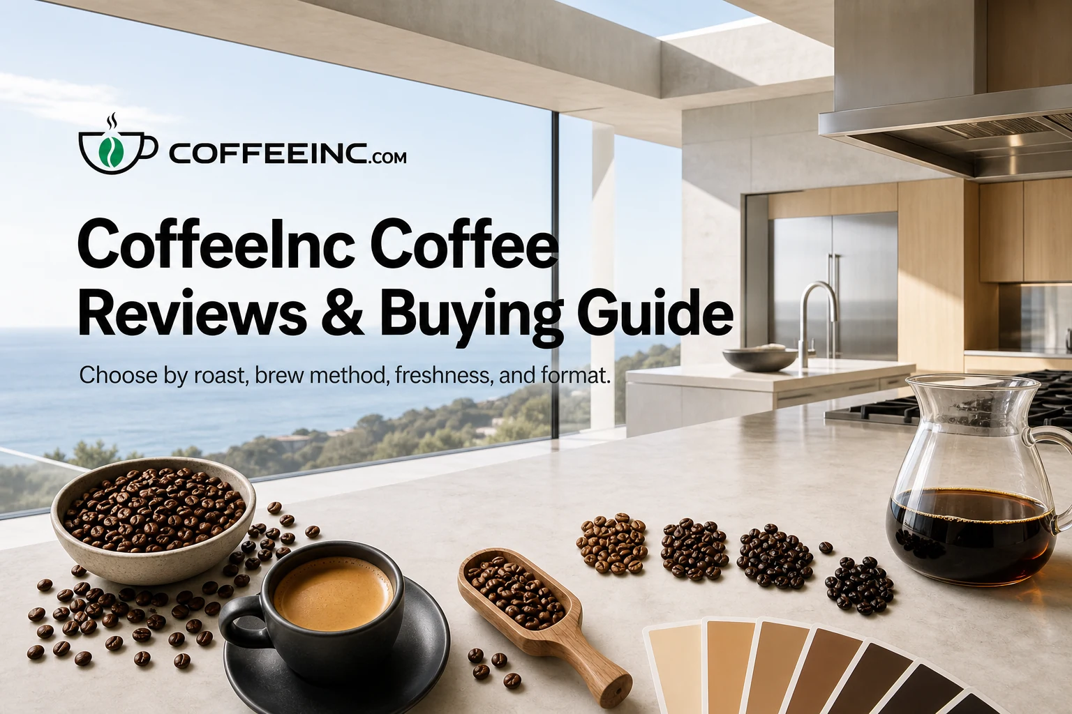 CoffeeInc coffee reviews and buying guide with espresso, roasted coffee beans, a pour-over server, and roast-color swatches