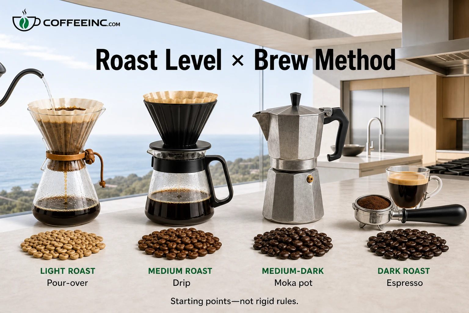 CoffeeInc guide matching light roast with pour-over, medium roast with drip, medium-dark roast with moka pot, and dark roast with espresso as flexible starting points
