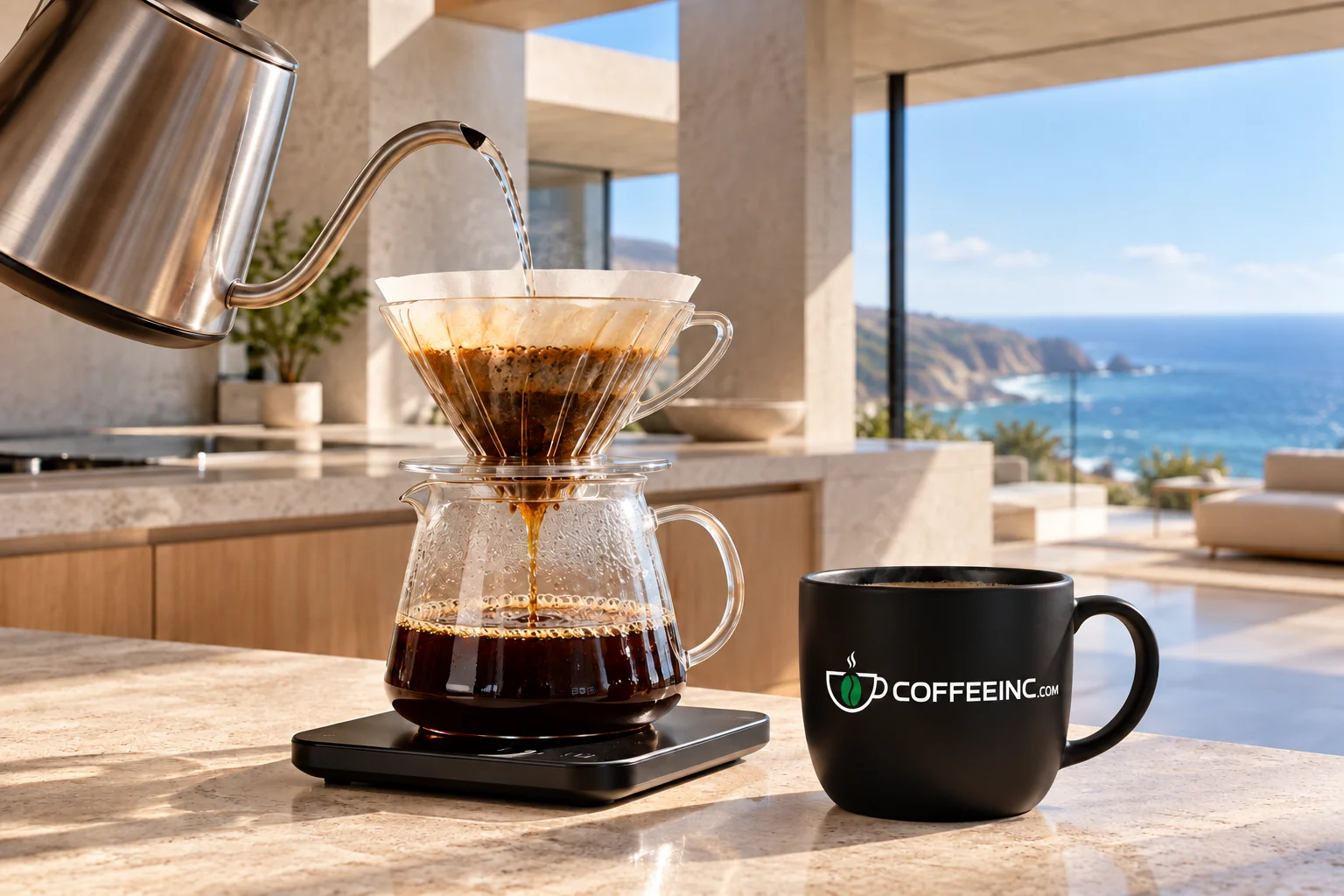 Pour-over coffee brewing on a scale beside a CoffeeInc cup in a sunlit modern kitchen