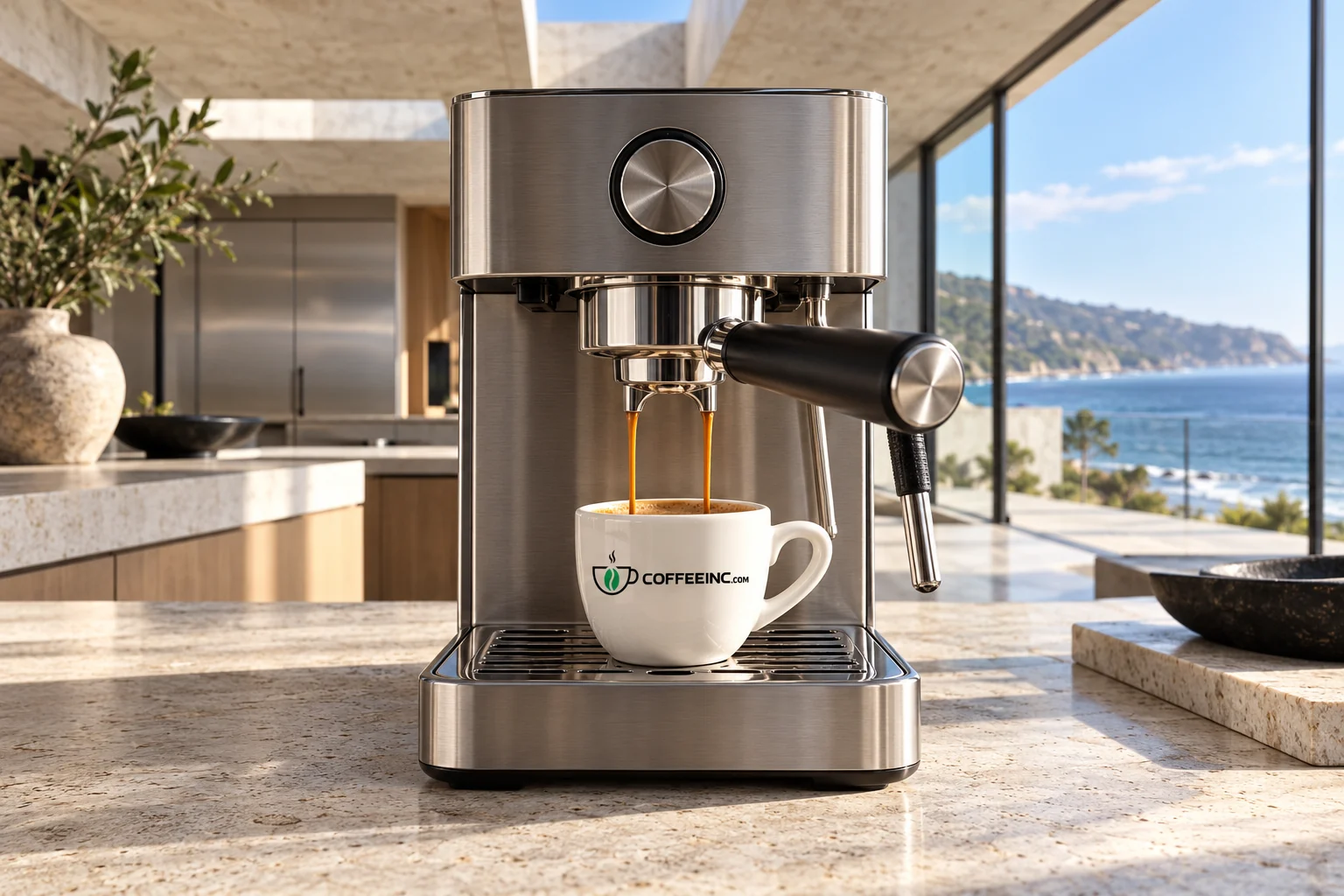 A CoffeeInc espresso cup beneath a stainless-steel espresso machine in a bright ocean-view kitchen.
