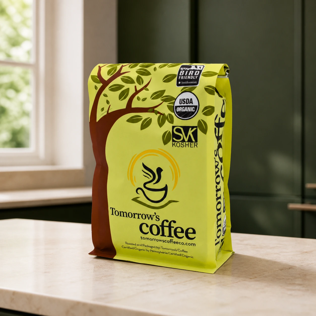 Tomorrow's Coffee organic coffee bag, front of package