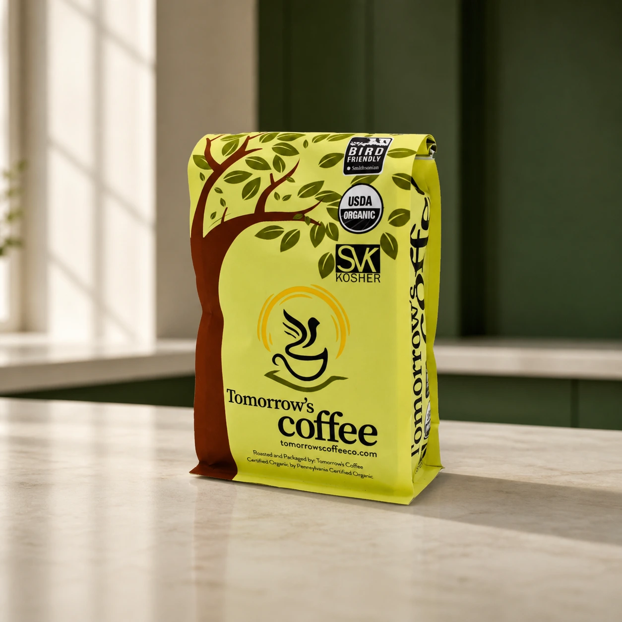 Tomorrow's Coffee organic coffee bag, front of package