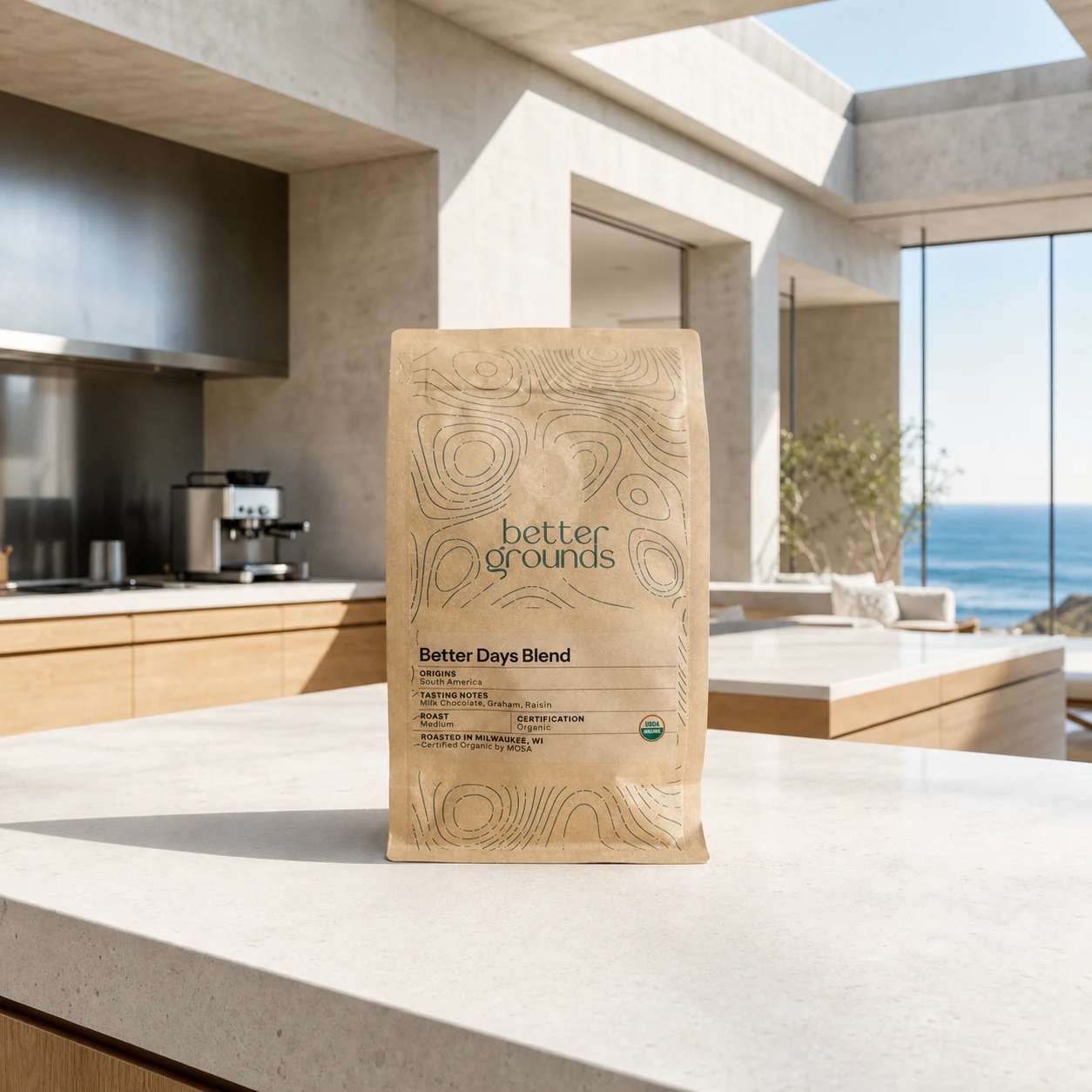 Better Grounds Better Days Blend coffee bag in a modern coastal kitchen