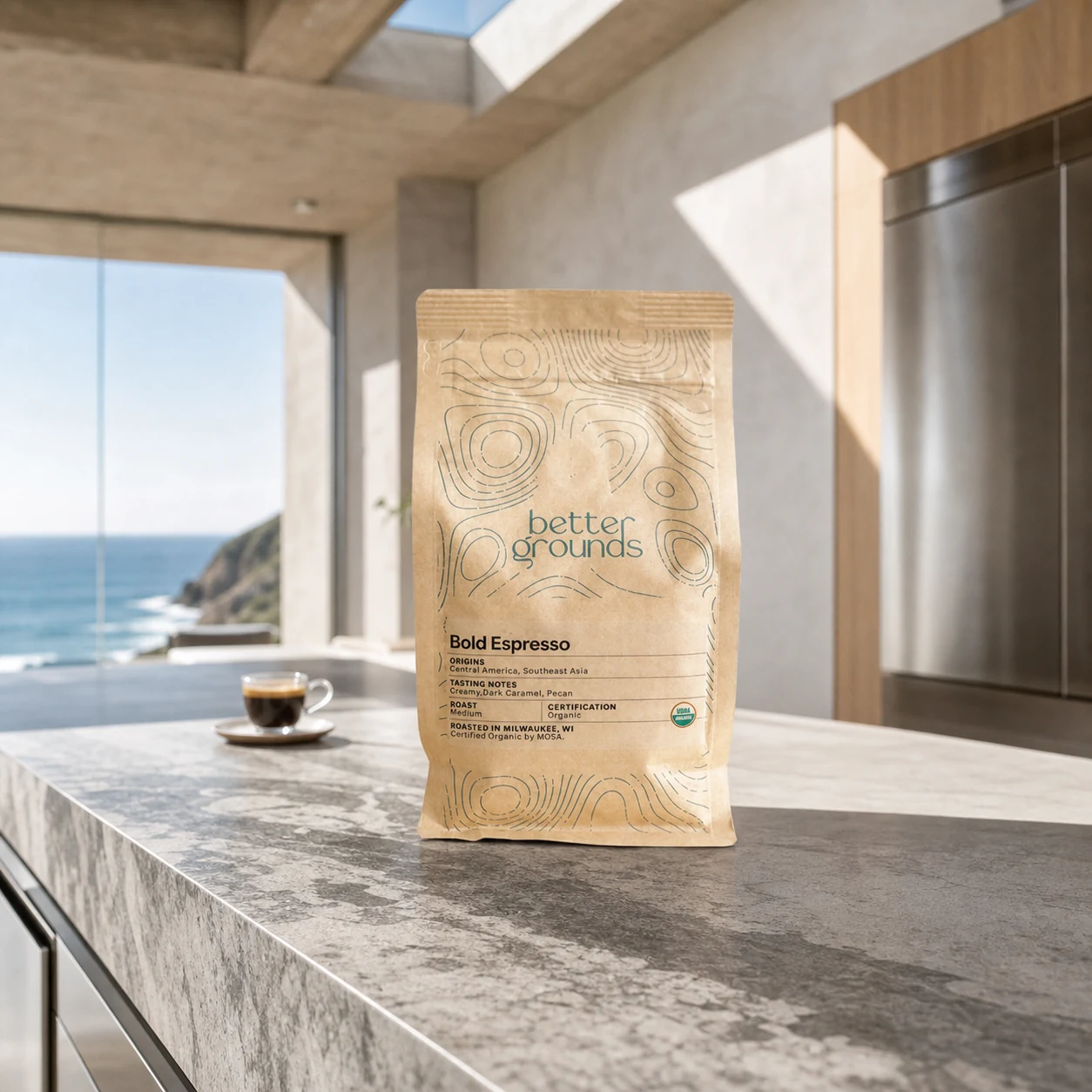 Better Grounds Bold Espresso coffee bag in a modern coastal kitchen