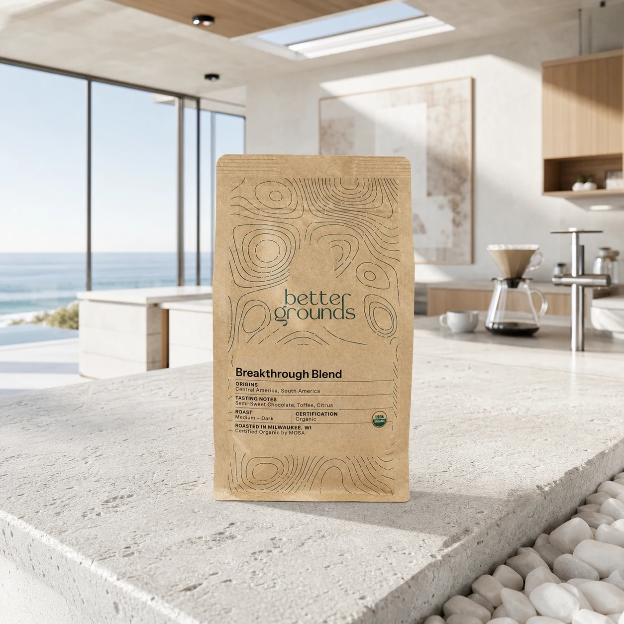 Better Grounds Breakthrough Blend coffee bag in a modern coastal kitchen