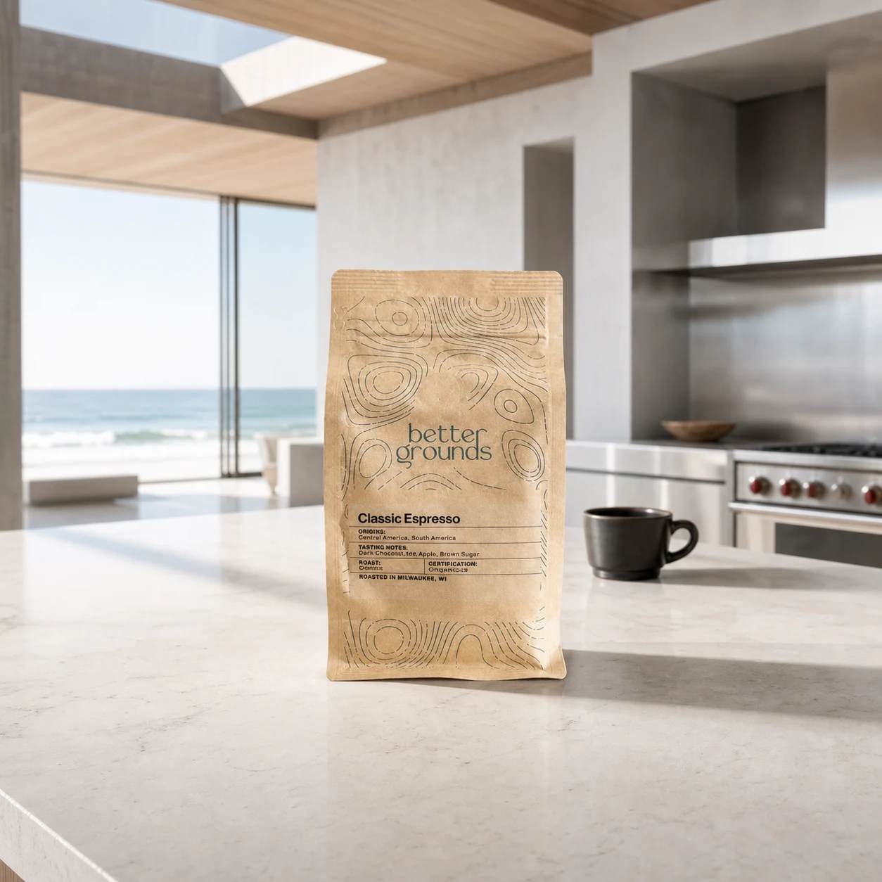 Better Grounds Classic Espresso coffee bag in a modern coastal kitchen