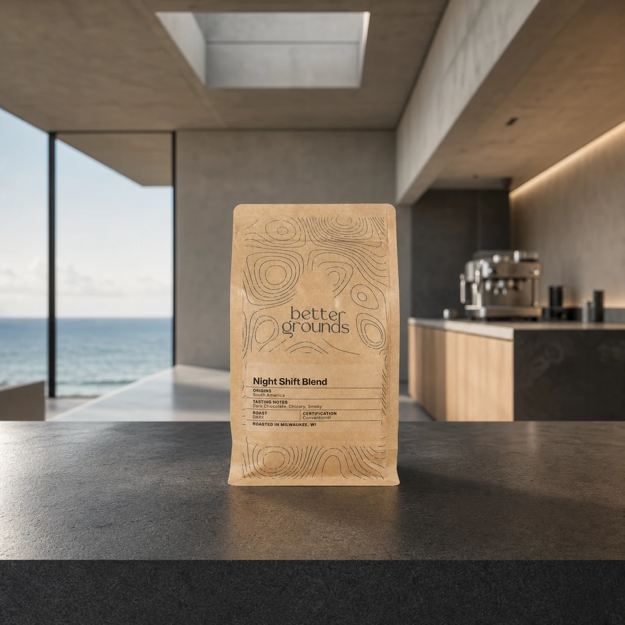 Better Grounds Night Shift coffee bag in a modern coastal kitchen