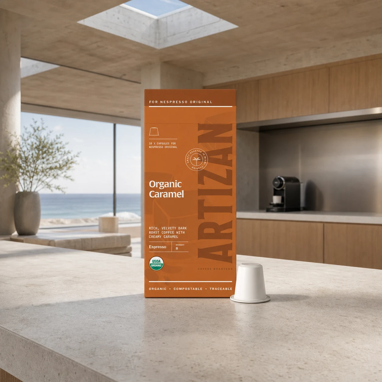 Artizan Organic Caramel Nespresso Original capsules in premium coastal kitchen photography