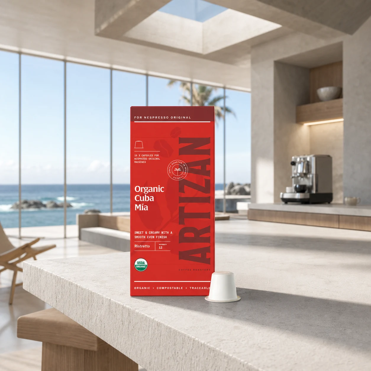 Artizan Organic Cuba Mia Nespresso Original capsules in premium coastal kitchen photography