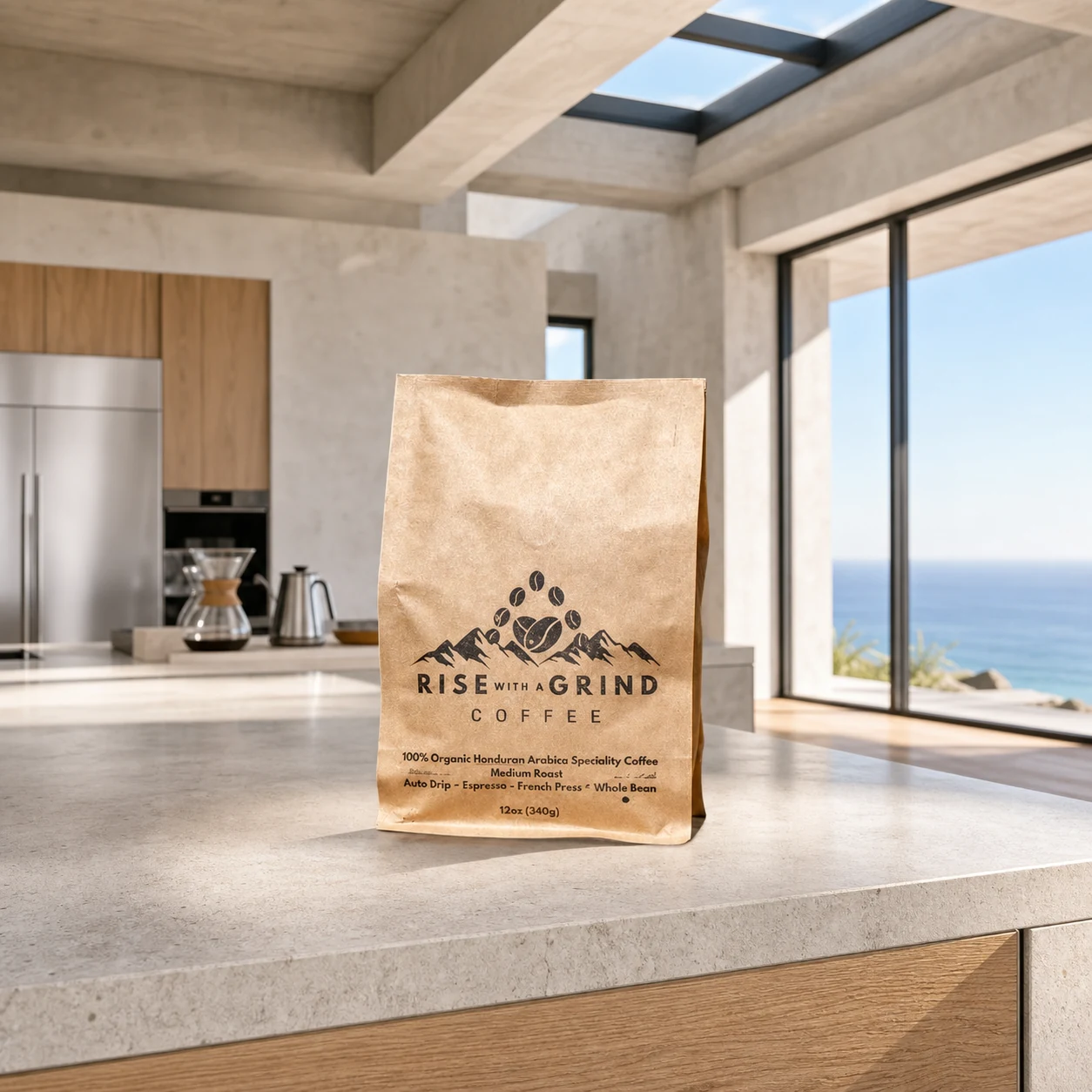 Rise With A Grind Organic Honduran coffee bag in a modern coastal kitchen