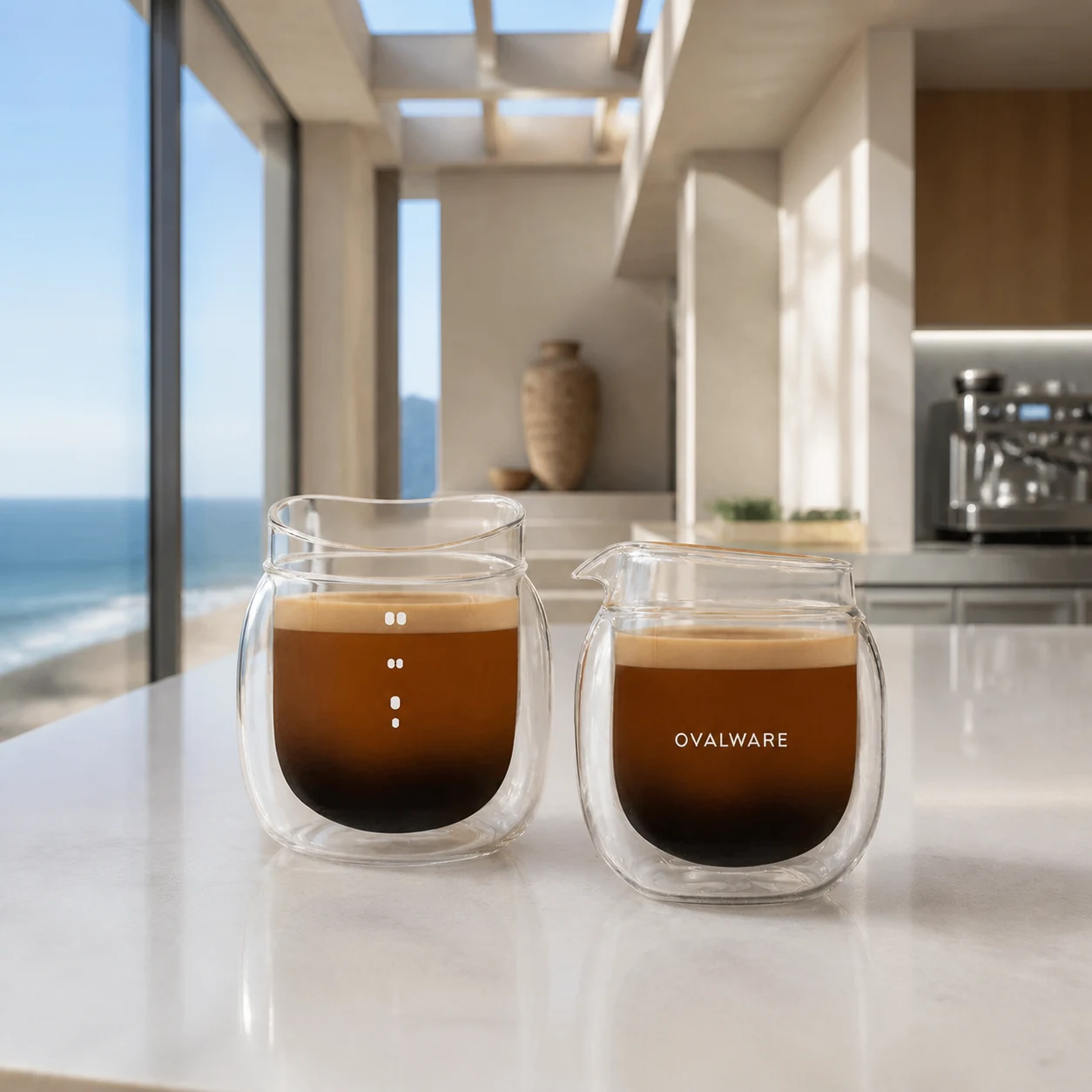 Ovalware double-wall espresso pouring glasses, set of two, in a modern coastal kitchen