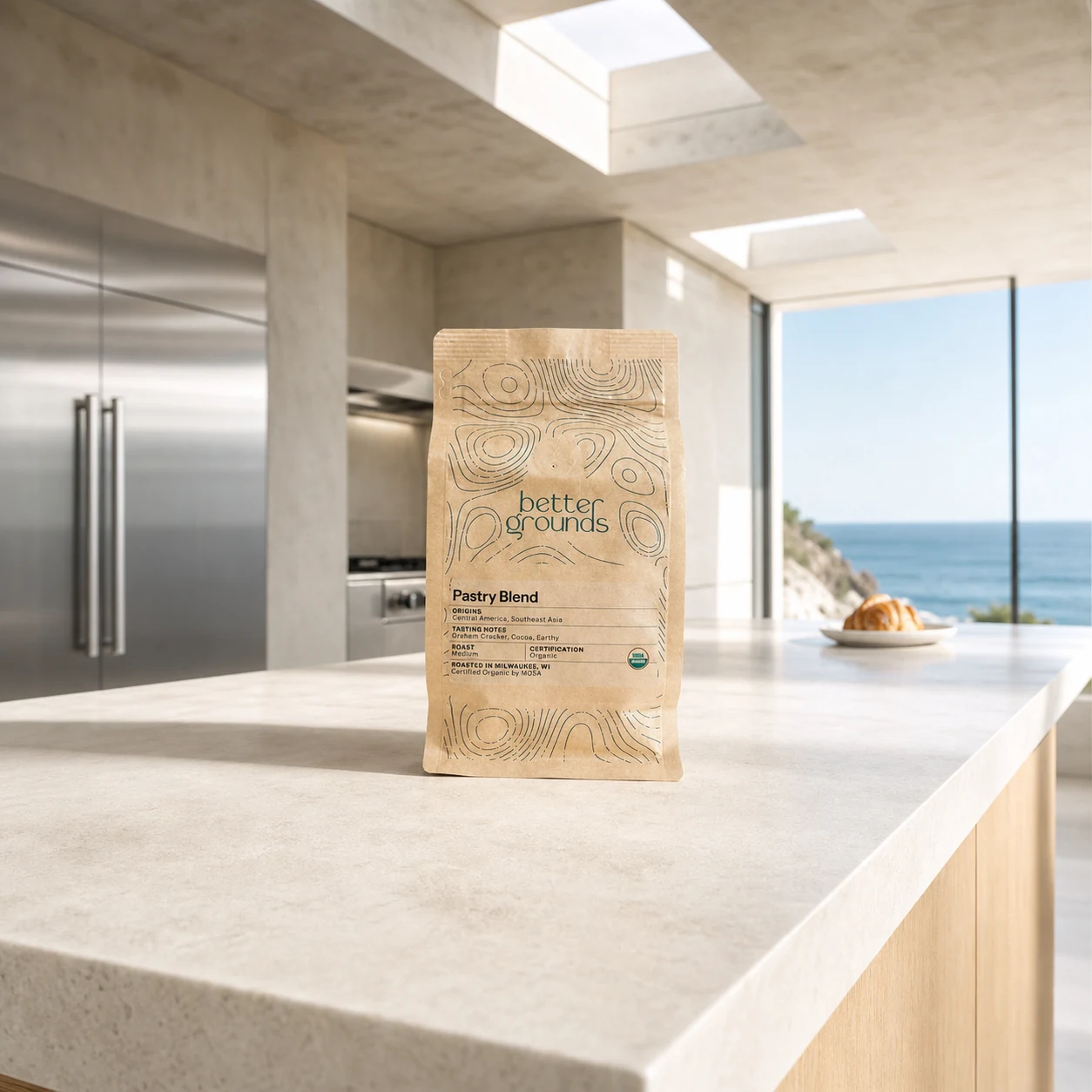 Better Grounds Pastry Blend coffee bag in a modern coastal kitchen