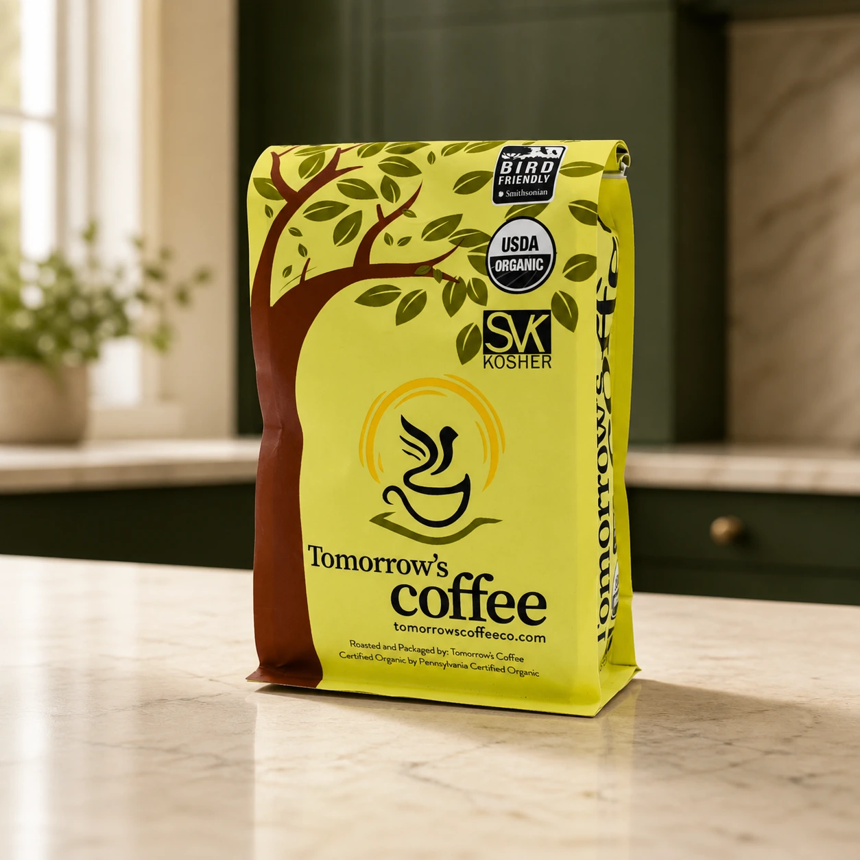 Tomorrow's Coffee organic coffee bag, front of package