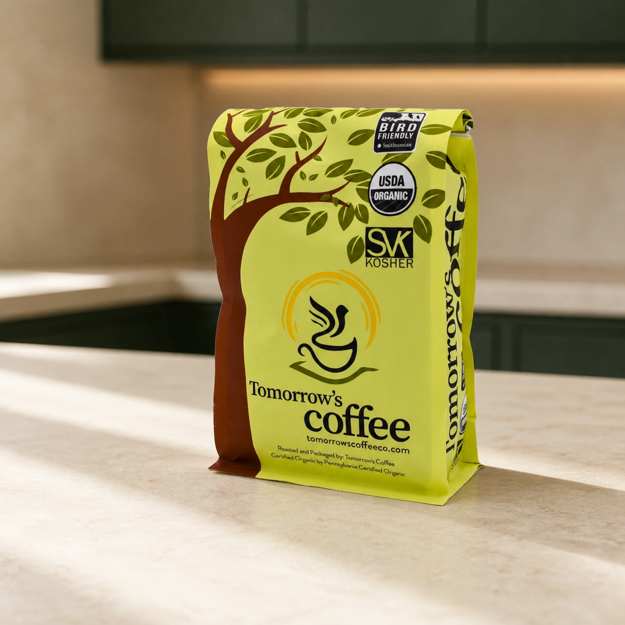 Tomorrow's Coffee organic coffee bag, front of package
