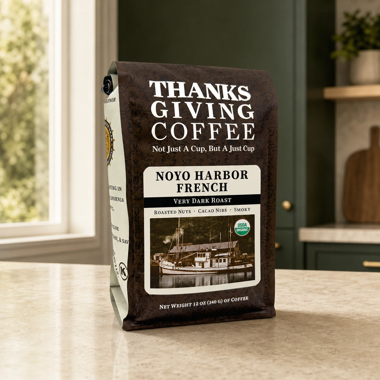Thanksgiving Coffee Noyo Harbor French coffee bag, front of package