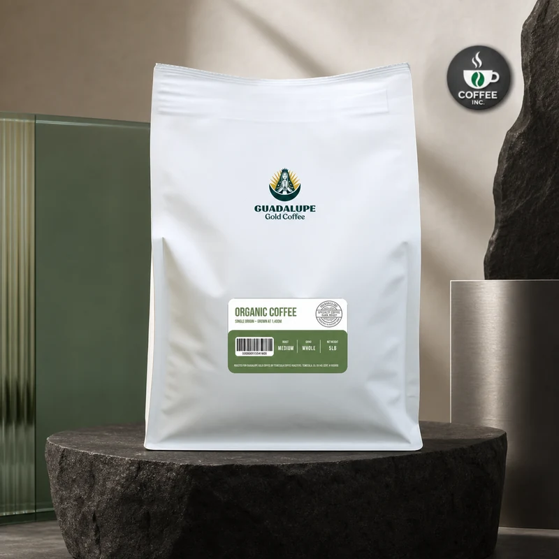 Guadalupe Gold Coffee organic single-origin coffee bag, front of package
