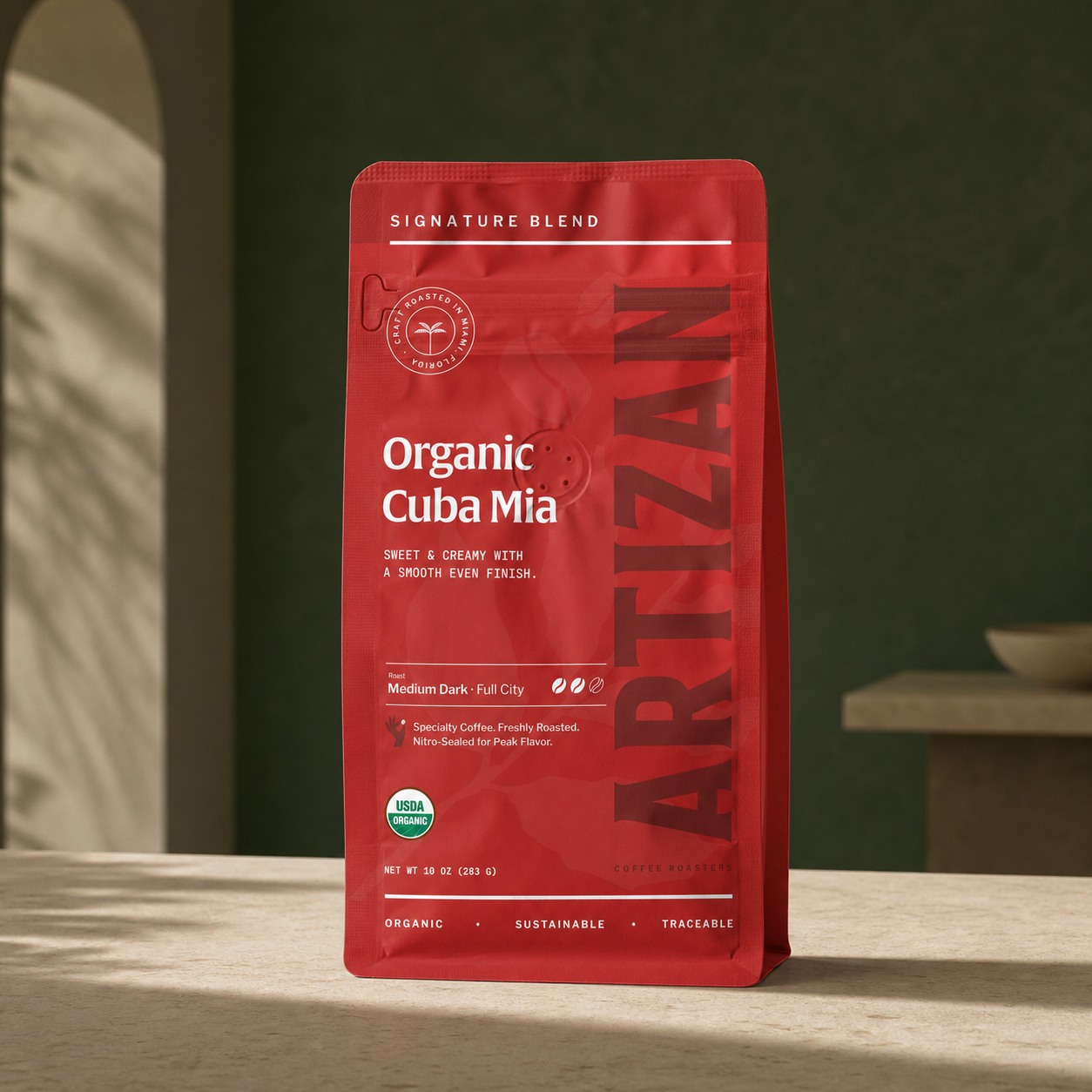 Artizan Coffee Roasters Organic Cuba Mia coffee bag in premium product photography