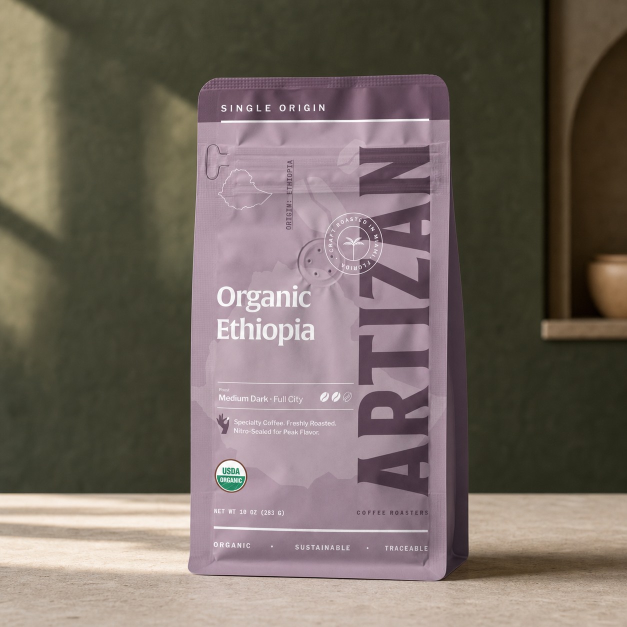 Artizan Coffee Roasters Organic Ethiopia coffee bag in premium product photography