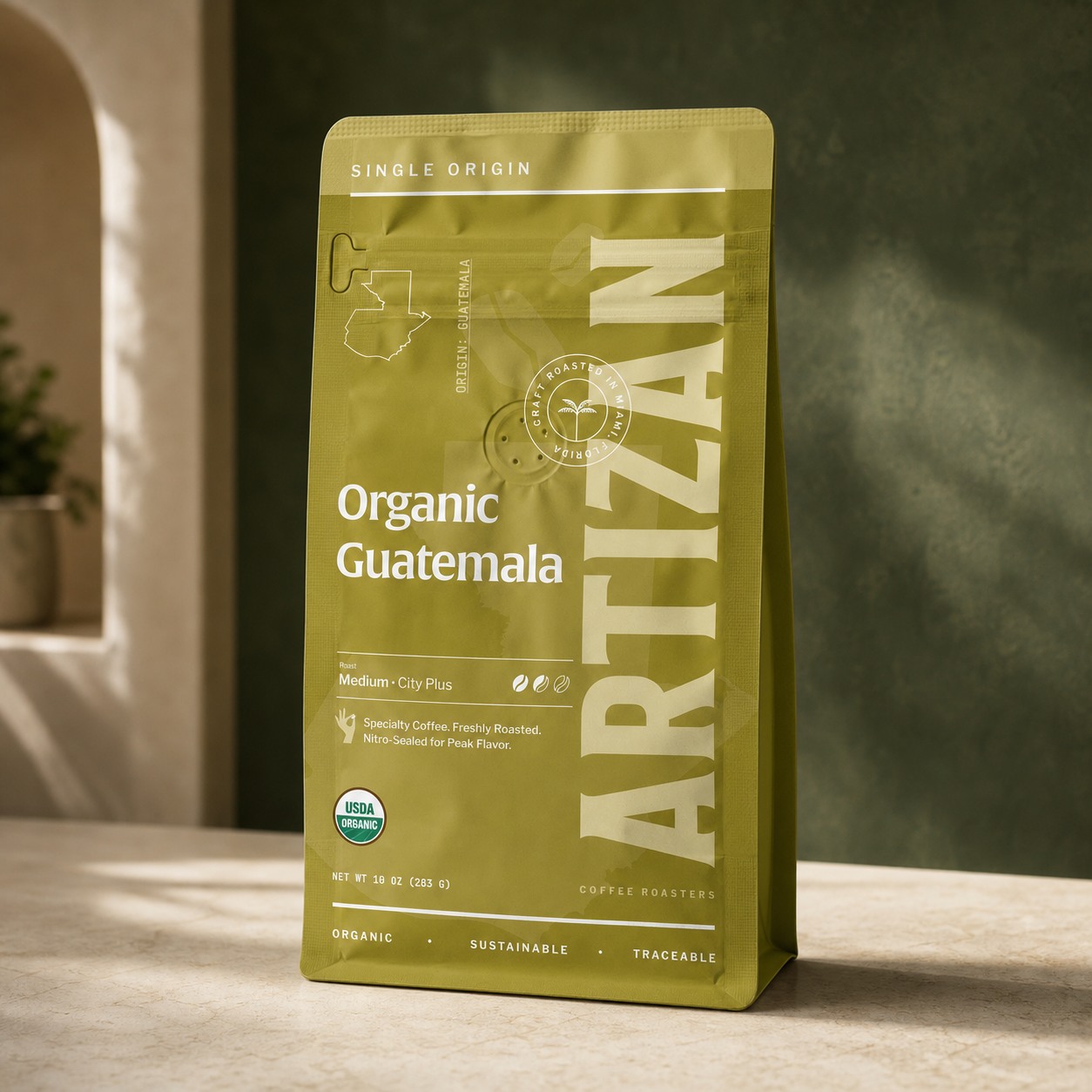 Artizan Coffee Roasters Organic Guatemala coffee bag in premium product photography