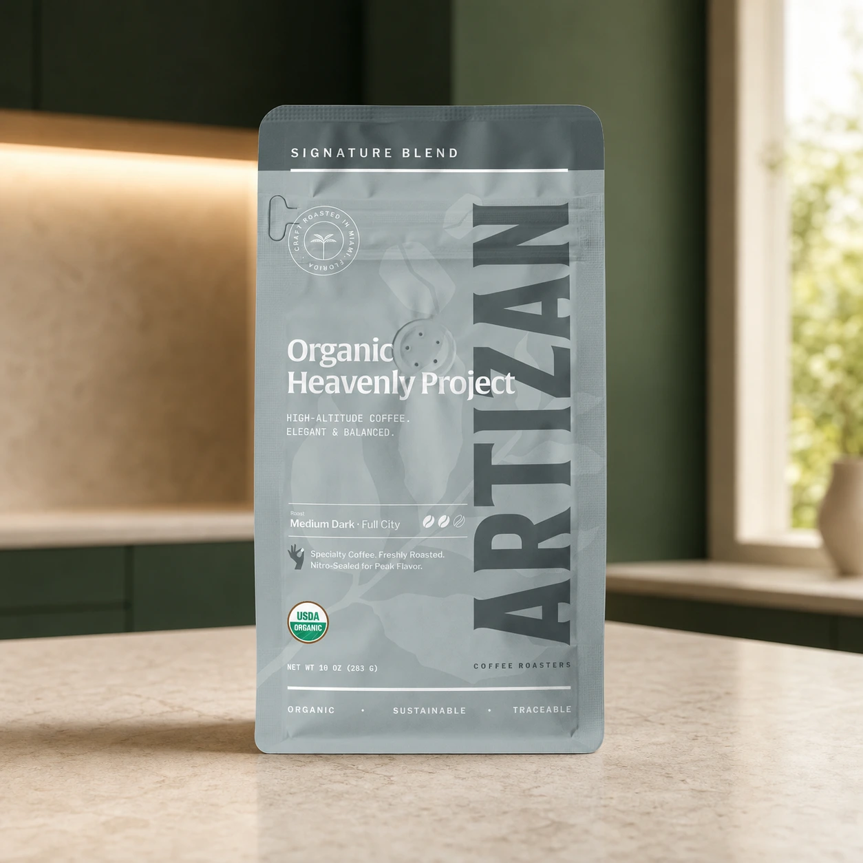 Artizan Coffee Roasters Organic Heavenly Project high-altitude blend coffee bag, front of package
