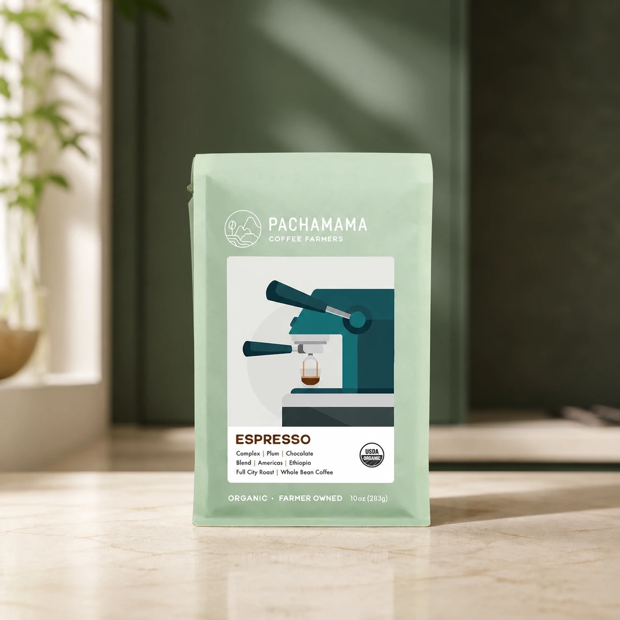 Pachamama Coffee Farmers Espresso coffee bag, front of package