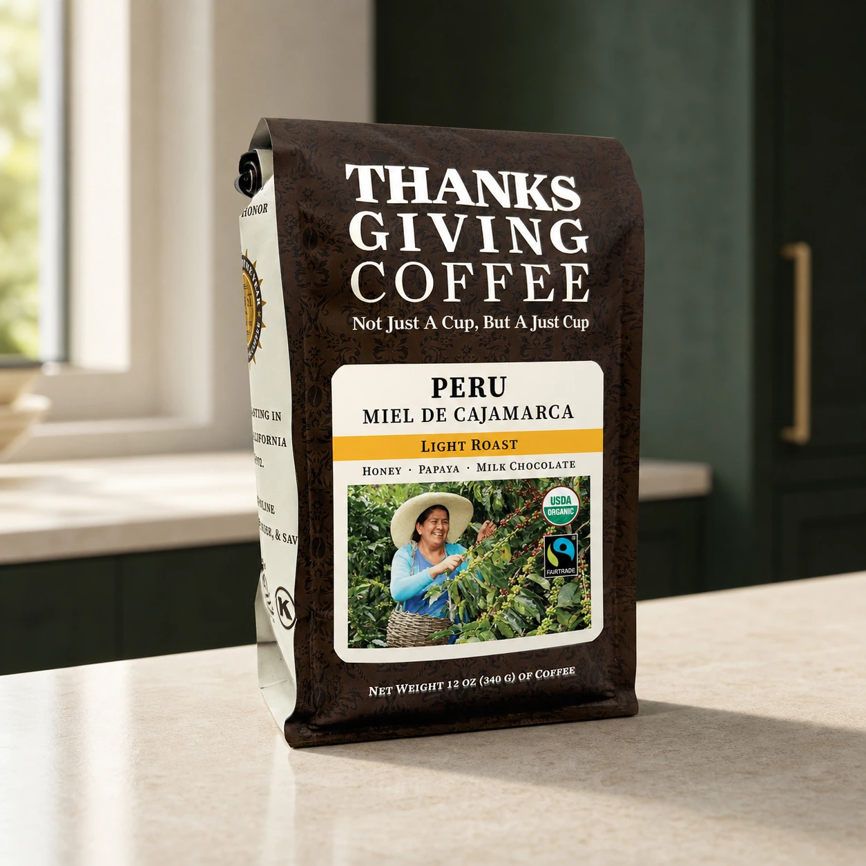 Thanksgiving Coffee Peru Miel de Cajamarca coffee bag, front of package
