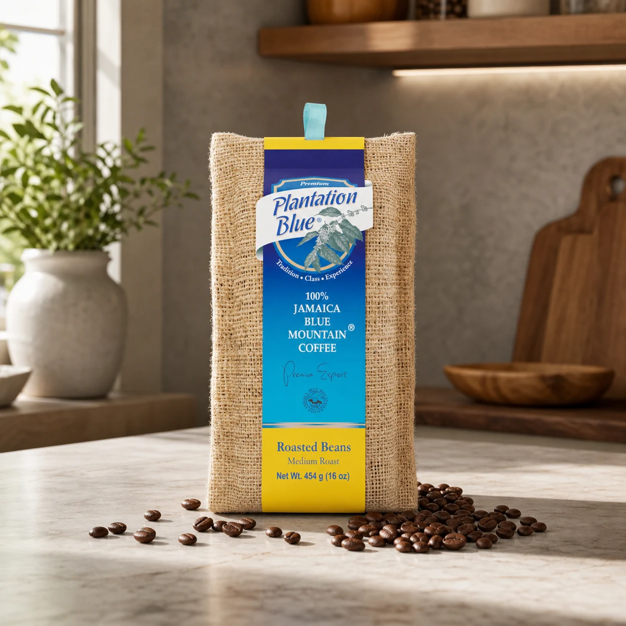Plantation Blue 100% Jamaica Blue Mountain Coffee 16 oz burlap package, front of package