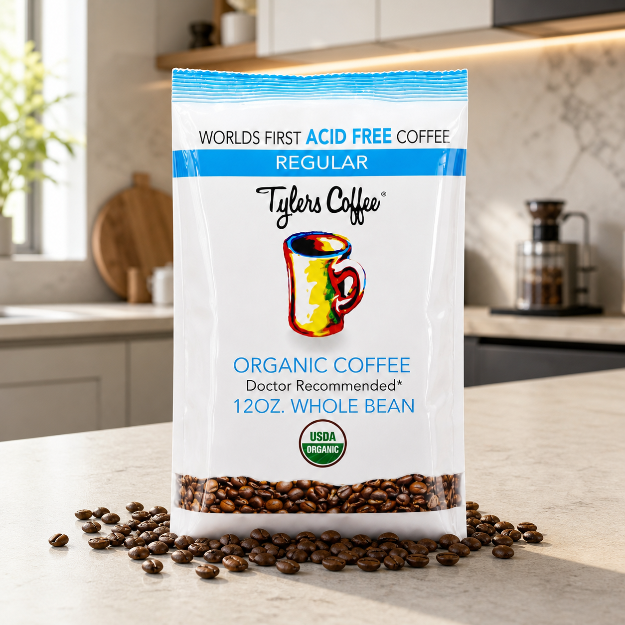 Tylers Regular Organic Coffee 12 ounce whole bean package on a modern kitchen counter