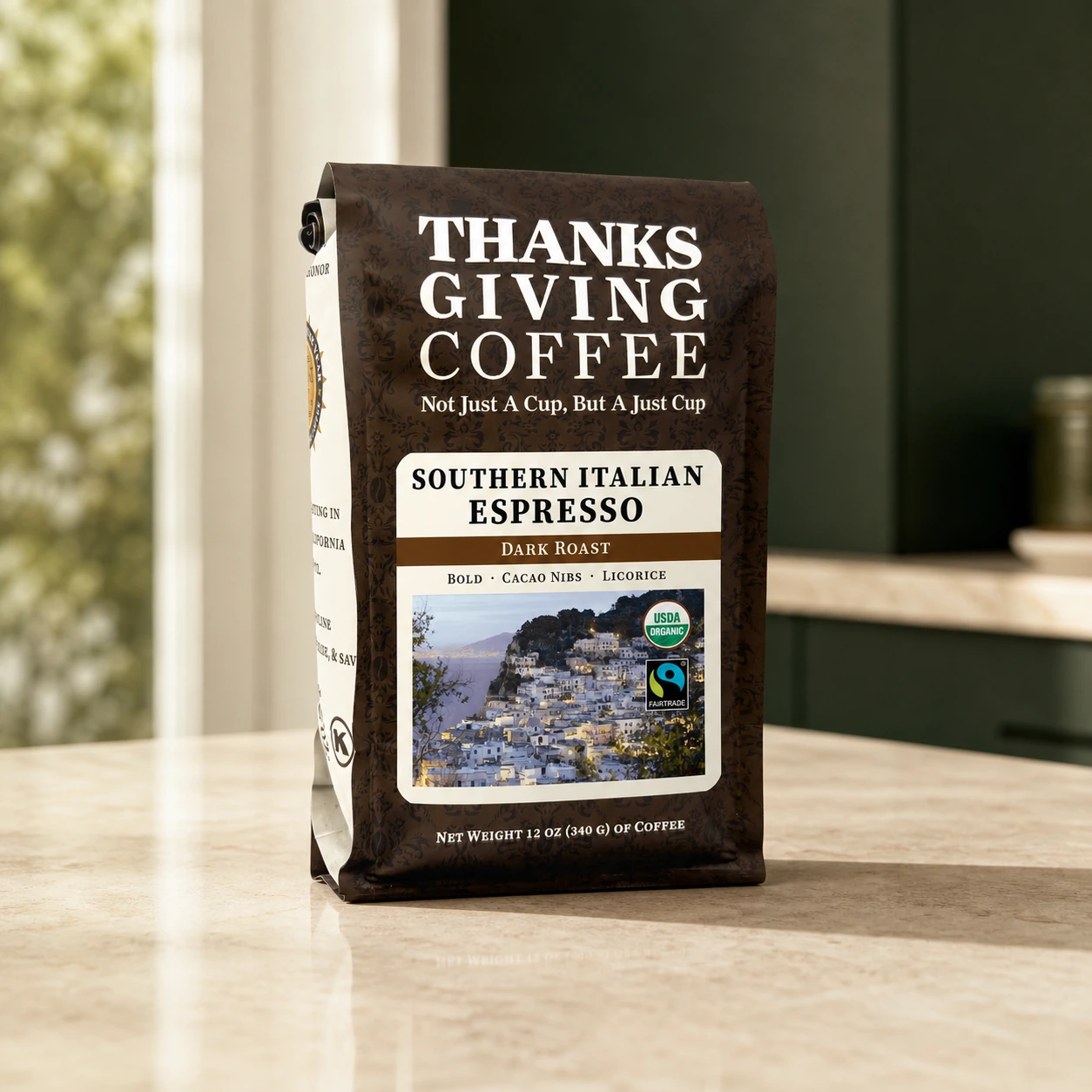 Thanksgiving Coffee Southern Italian Espresso coffee bag, front of package