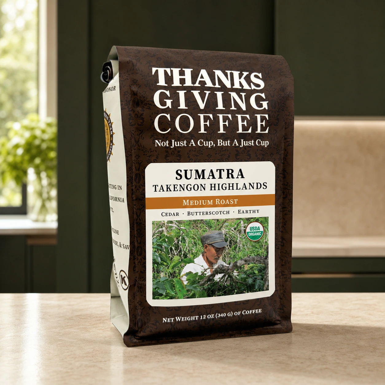Thanksgiving Coffee Sumatra Takengon Highlands medium roast coffee bag, front of package